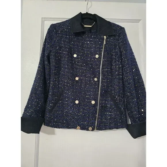 White House Black Market Women Size 0 Navy Tweed Gold Sparkly Moto Jacket - Picture 1 of 5